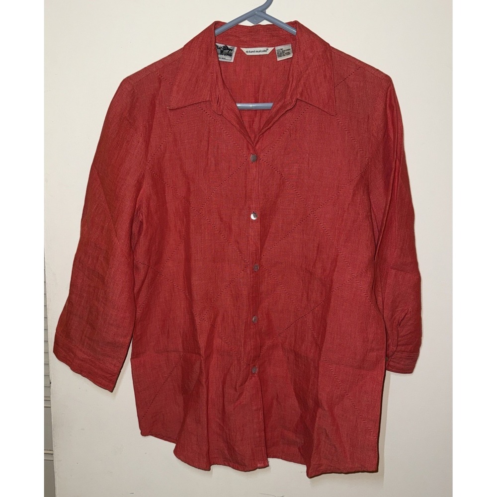 Richard Malcolm 100% Irish Linen Button Shirt M Coral Eyelet Details